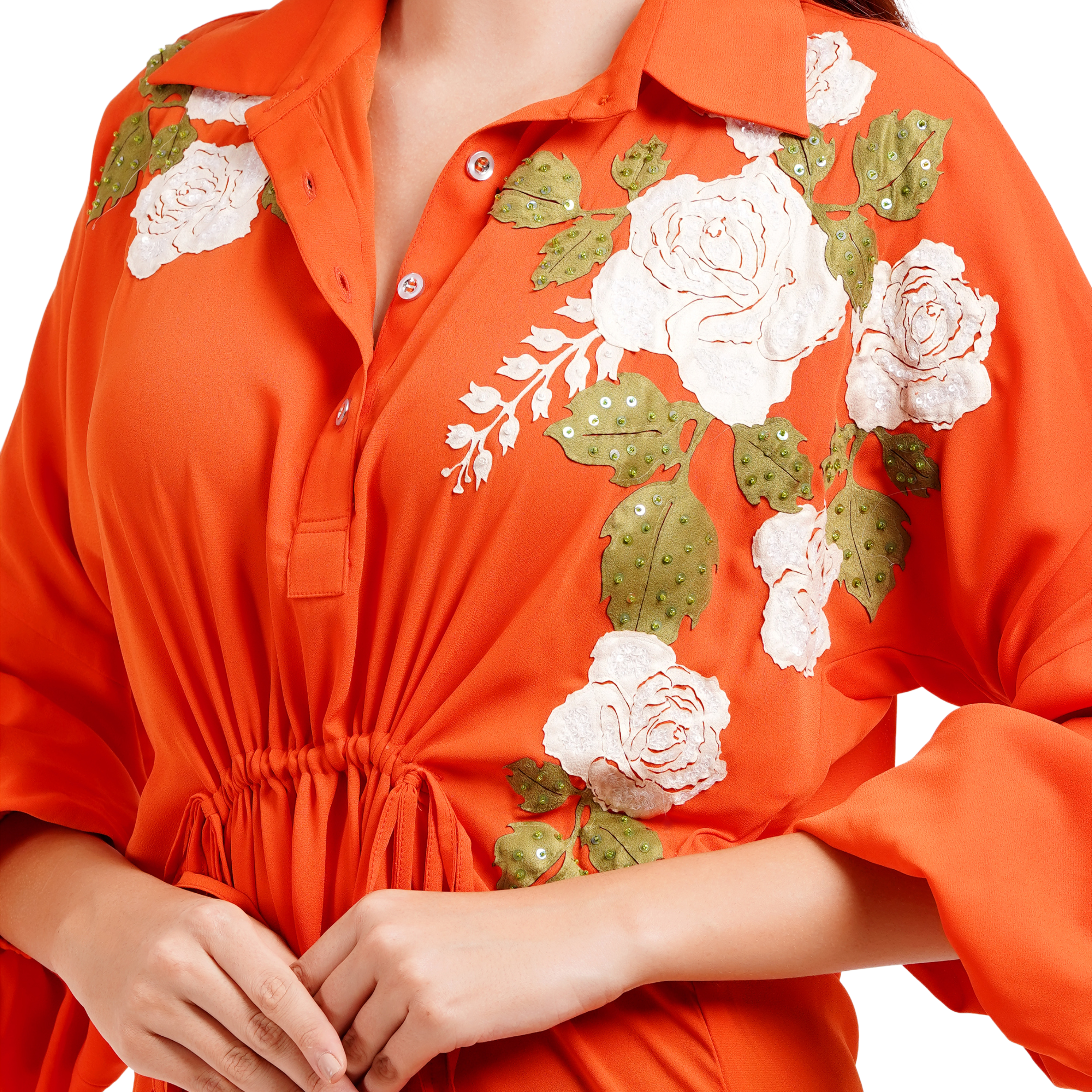 Rose Embroidered Pepper Orange Georgette Dress