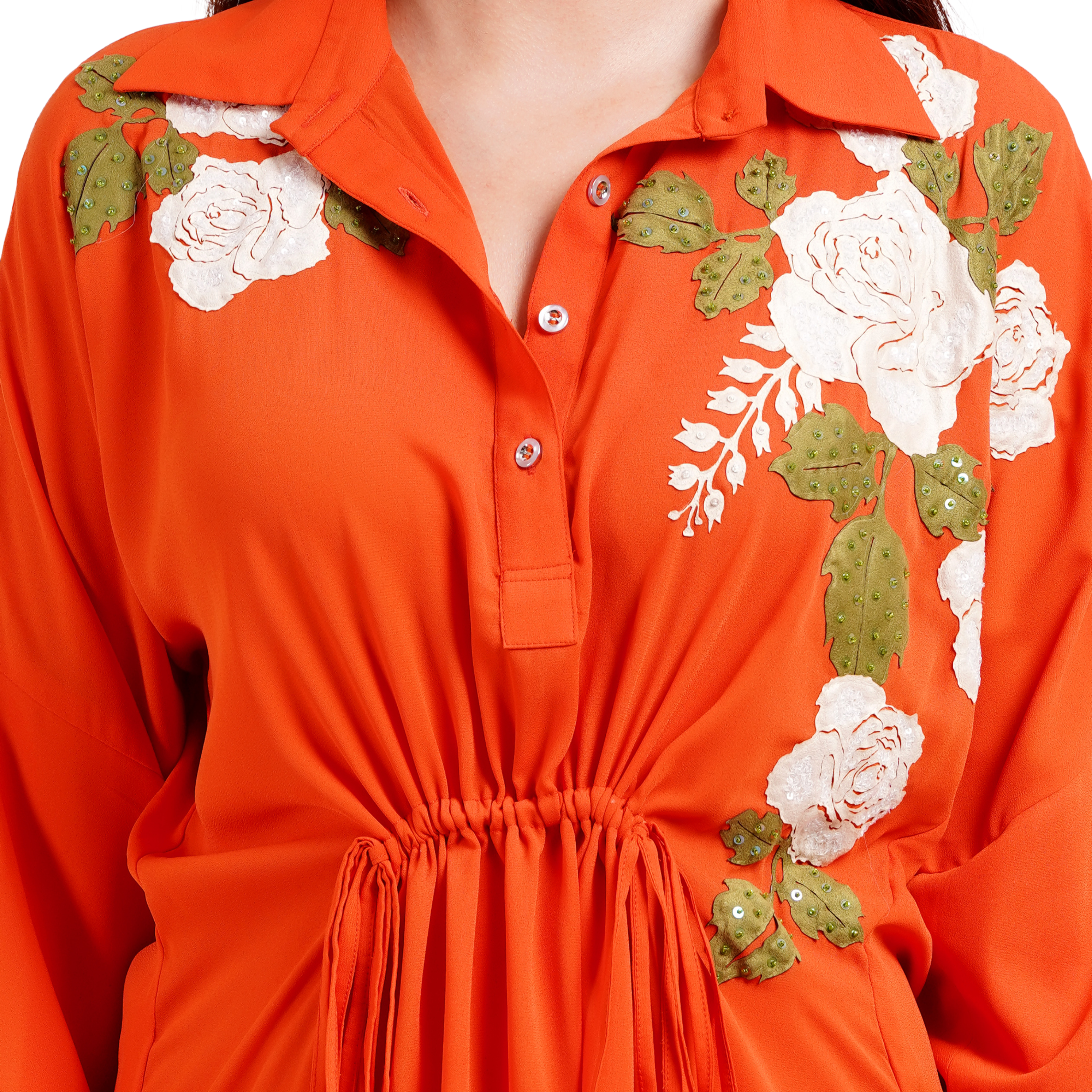 Rose Embroidered Pepper Orange Georgette Dress