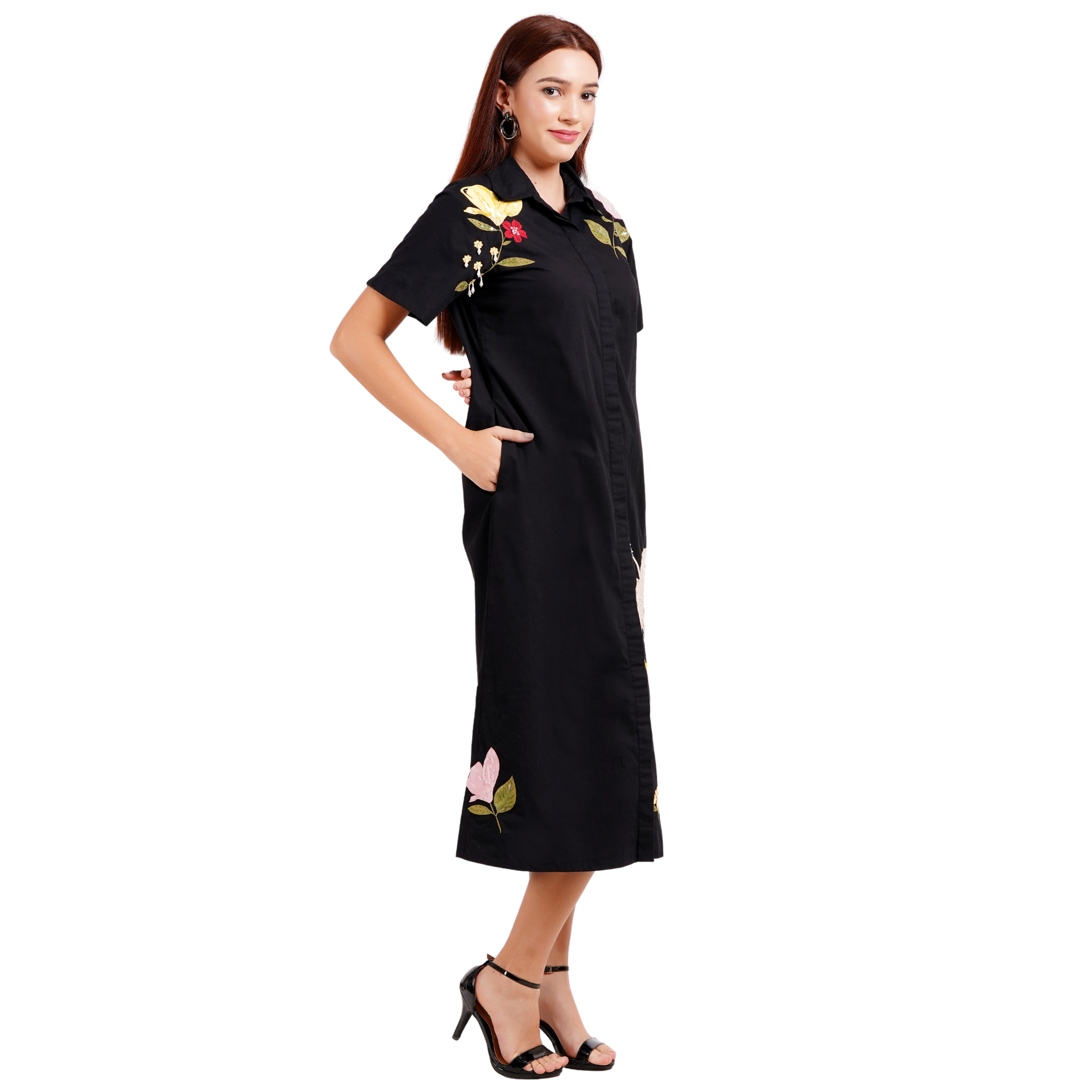 Hibiscus Embroidered Rich Black Poplin Dress