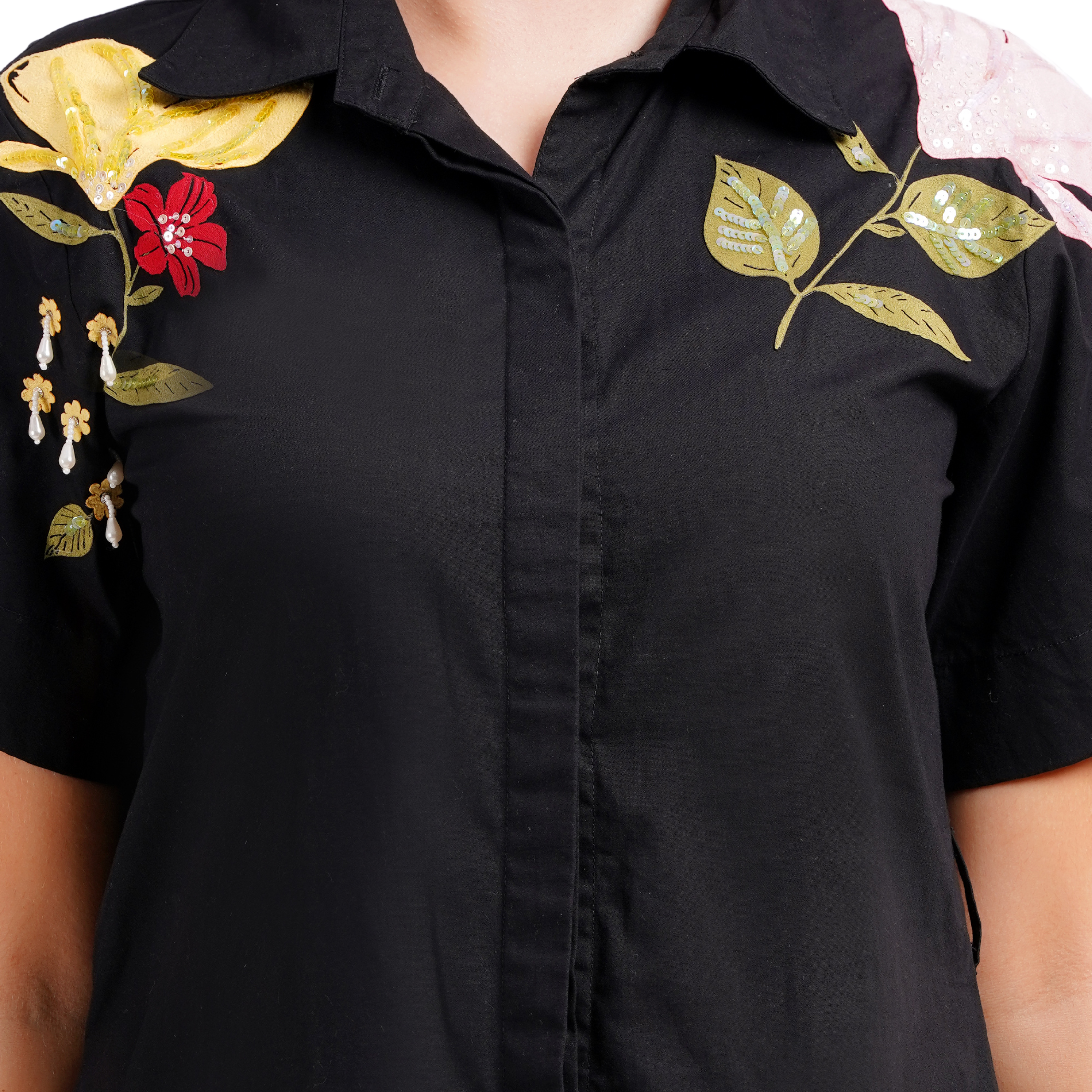 Hibiscus Embroidered Rich Black Poplin Dress