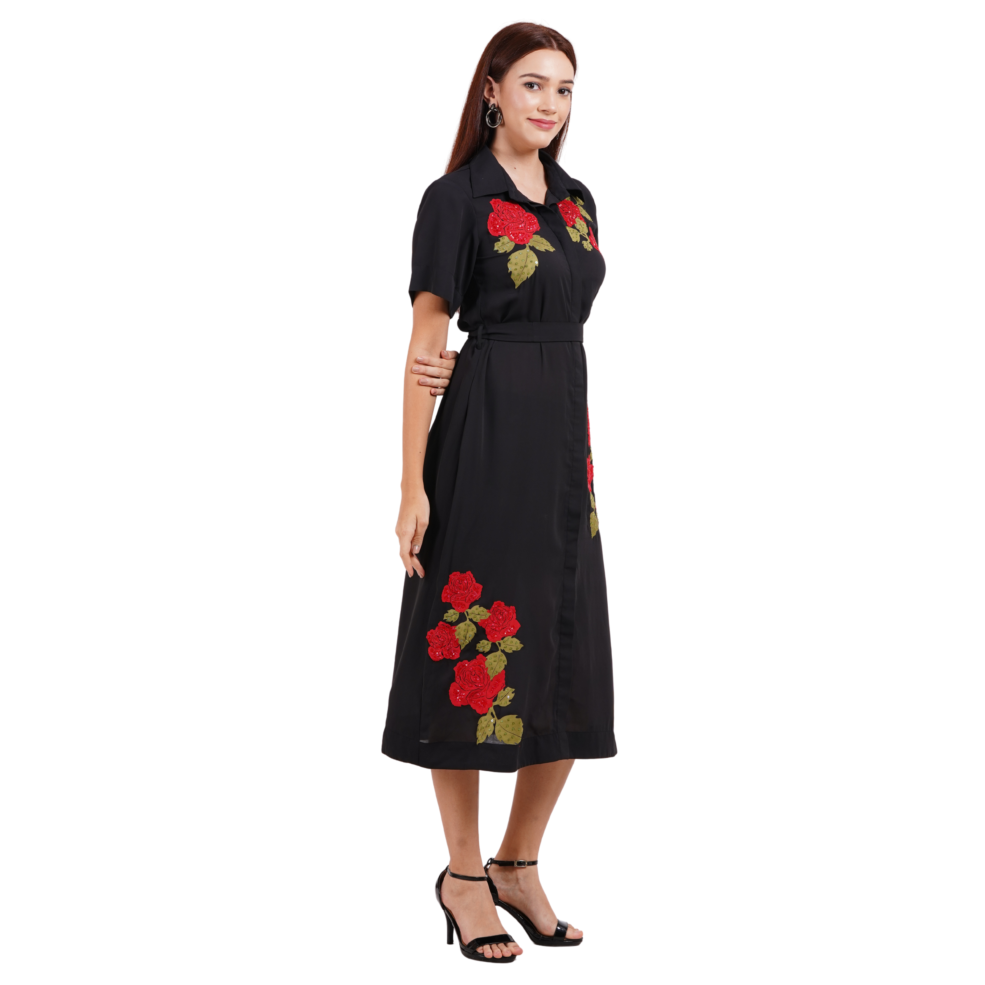 Rose Embroidered Rich Black Georgette Dress