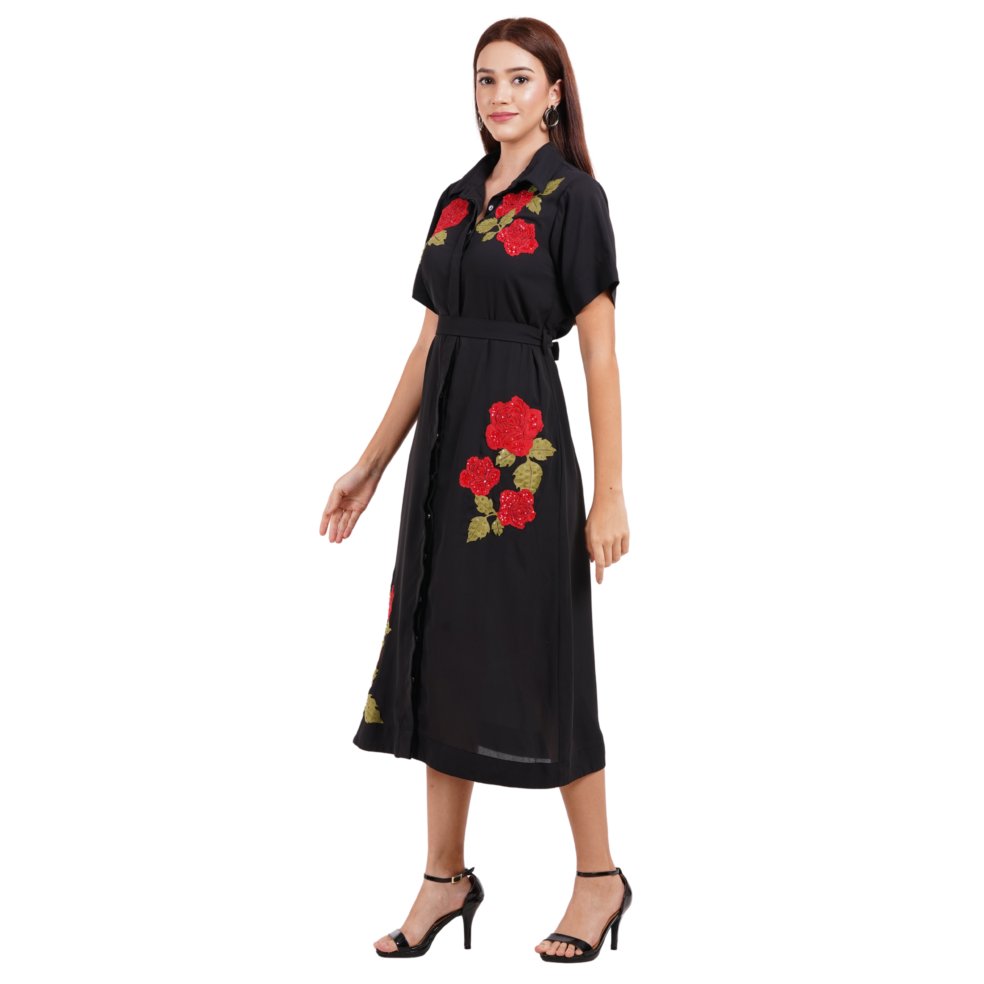 Rose Embroidered Rich Black Georgette Dress